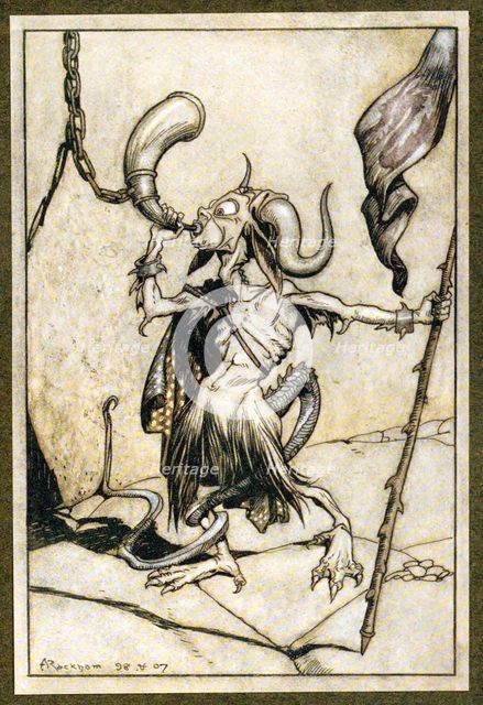 Ere the horn at the Gate of the Barbican Tower, was blown with a loud twenty-trumpeter power, 1907 Creator: Arthur Rackham (1867 - 1939).