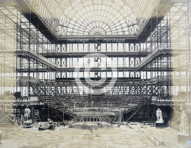 'Erection of the Orchestra for the Opening Ceremony', Crystal Palace, Sydenham, 1852-1854. Creator: Philip Henry Delamotte.