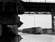 ERF 66GSF tipper pulling a hot ingot transporter, Rotherham, South Yorkshire, 1963. Creator: Michael Walters