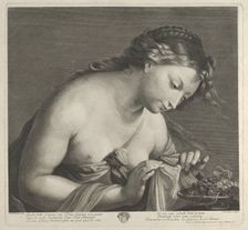Erigone leaning over a platter of grapes and lifting a piece of cloth with both hands,..., ca. 1700. Creator: Cornelis Vermeulen