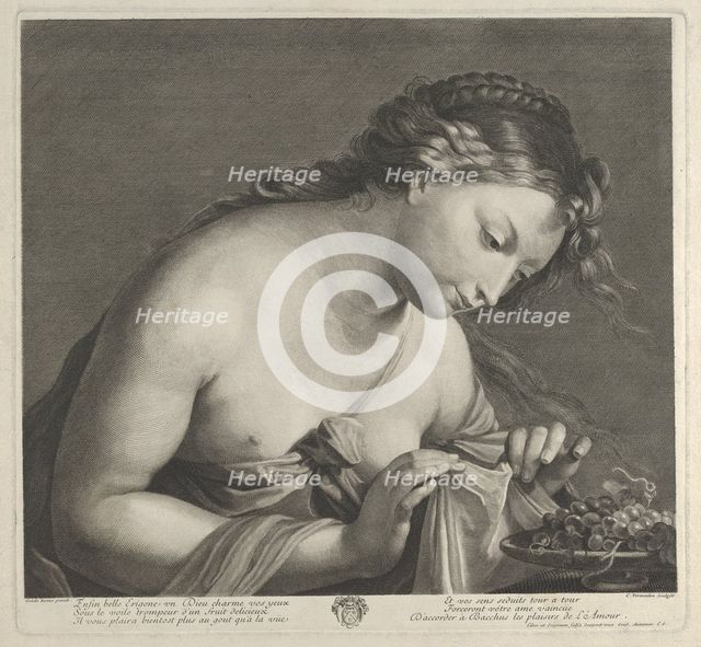 Erigone leaning over a platter of grapes and lifting a piece of cloth with both hands,..., ca. 1700. Creator: Cornelis Vermeulen.