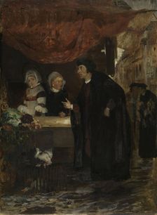 Erik Valkendorf meets Sigbrit Willums and Dyveke in Bergen's square in 1507, 1876. Creator: Eilif Peterssen