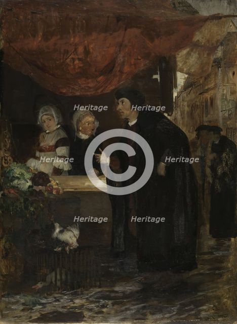 Erik Valkendorf meets Sigbrit Willums and Dyveke in Bergen's square in 1507, 1876. Creator: Eilif Peterssen.