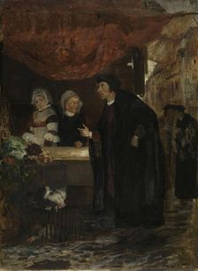 Erik Valkendorf meets Sigbrit Willums and Dyveke in Bergen's square in 1507, 1876. Creator: Eilif Peterssen