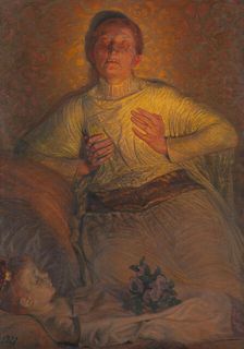 Erik Menved's queen Ingeborg mourns at the corpse of her last child, 1899. Creator: Kristian Zahrtmann