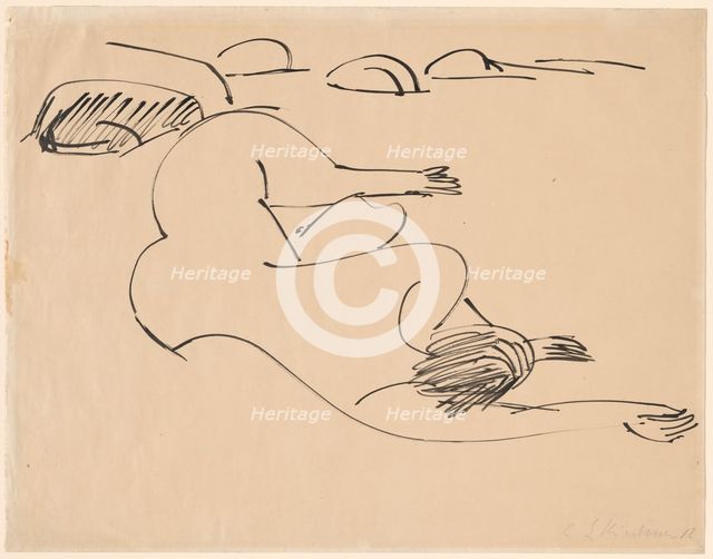 Erna Lying on the Beach among Rocks, 1912. Creator: Ernst Kirchner.