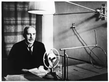 Ernest Rutherford broadcasting during a home visit to New Zealand in 1926. Artist: Anon