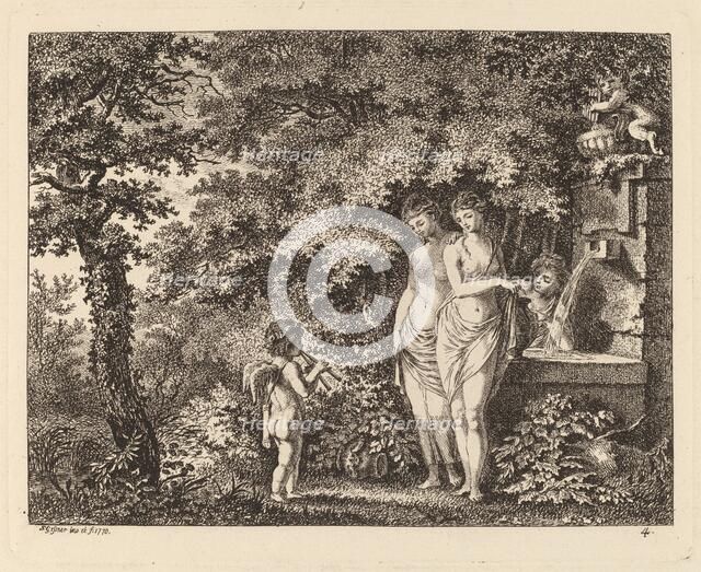 Eros with Three Girls at a Fountain, 1770. Creator: Salomon Gessner.