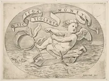 Eros Escaping by Sea; Cupid using his bow to propel a boat made from his quiver wit..., ca. 1515-27. Creator: Marco Dente