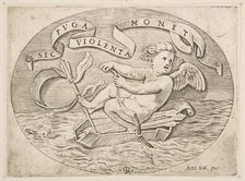 Eros Escaping by Sea; Cupid using his bow to propel a boat made from his quiver wit..., ca. 1515-27. Creator: Marco Dente