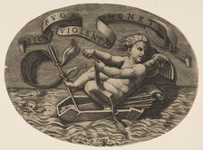 Eros escaping by sea using his bow to propel a boat made from his quiver with an ar..., ca. 1515-27. Creator: Marco Dente