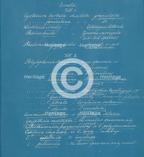 Errata, ca. 1853. Creator: Anna Atkins.