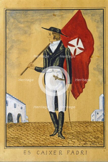 Es Caixer Fadri, colored engraving, character of the feasts of St. John in Ciutadella, plays a ke…