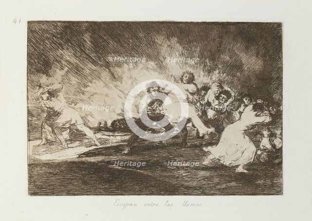 Escapan entre las llamas.; Los Desastres de la Guerra, Madrid 1863. Creator: Francisco Goya.