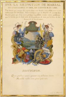 Escutcheon with a Landscape; Nine Emblems for Louis XIV, about 1663-1668. Creator: Jacques Bailly