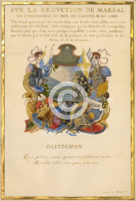 Escutcheon with a Landscape; Nine Emblems for Louis XIV, about 1663-1668. Creator: Jacques Bailly.