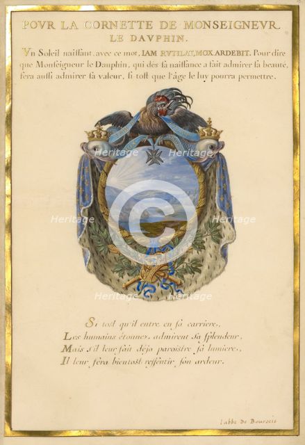 Escutcheon with a Landscape; Nine Emblems for Louis XIV, about 1663-1668. Creator: Jacques Bailly.
