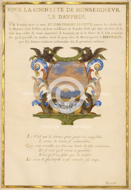Escutcheon with a Landscape; Nine Emblems for Louis XIV, about 1663-1668. Creator: Jacques Bailly.