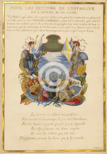 Escutcheon with a Landscape; Nine Emblems for Louis XIV, about 1663-1668. Creator: Jacques Bailly.