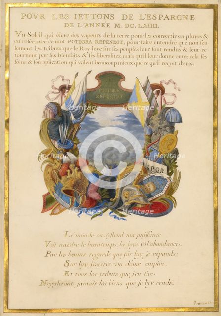 Escutcheon with a Landscape; Nine Emblems for Louis XIV, about 1663-1668. Creator: Jacques Bailly.