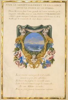 Escutcheon with a Landscape; Nine Emblems for Louis XIV; Emblem for Louis XIV, about 1663-1668. Creator: Jacques Bailly