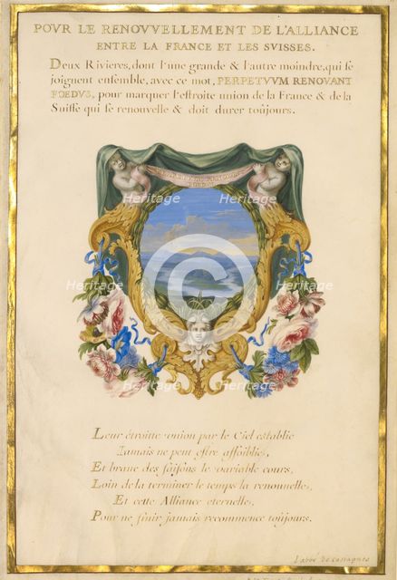 Escutcheon with a Landscape; Nine Emblems for Louis XIV; Emblem for Louis XIV, about 1663-1668. Creator: Jacques Bailly.