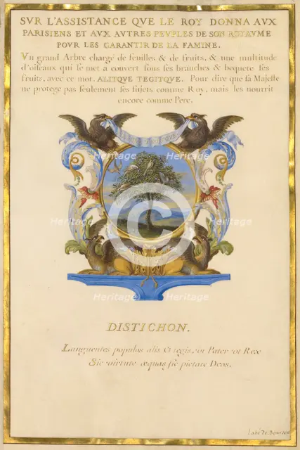 Escutcheon with a Landscape; Three Emblems for Louis XIV, about 1663-1668. Creator: Jacques Bailly.