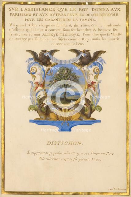 Escutcheon with a Landscape; Three Emblems for Louis XIV, about 1663-1668. Creator: Jacques Bailly.