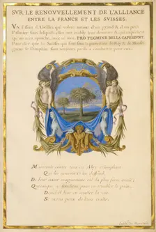 Escutcheon with a Landscape; Three Emblems for Louis XIV, about 1663-1668. Creator: Jacques Bailly