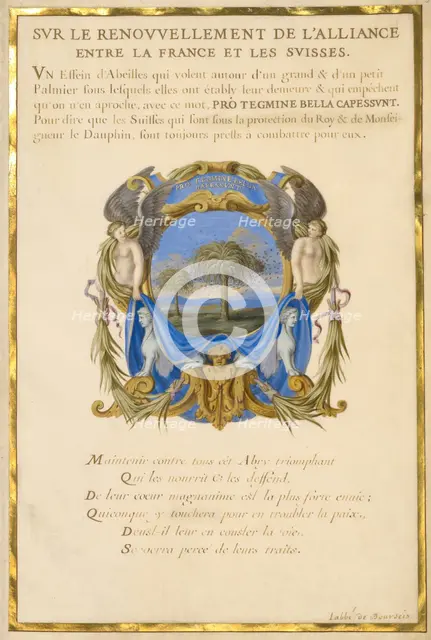 Escutcheon with a Landscape; Three Emblems for Louis XIV, about 1663-1668. Creator: Jacques Bailly.