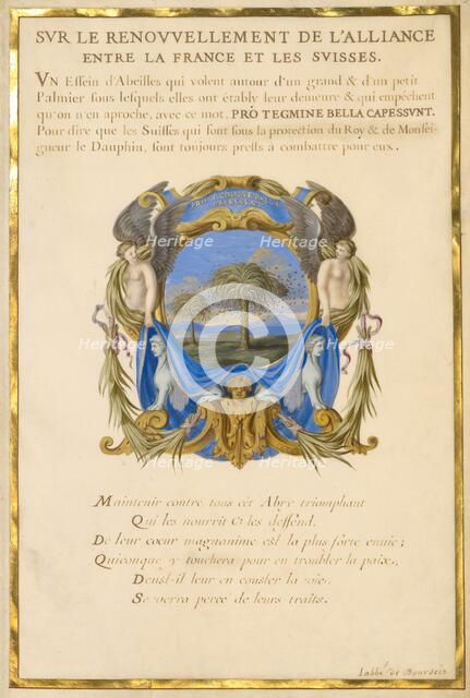 Escutcheon with a Landscape; Three Emblems for Louis XIV, about 1663-1668. Creator: Jacques Bailly.