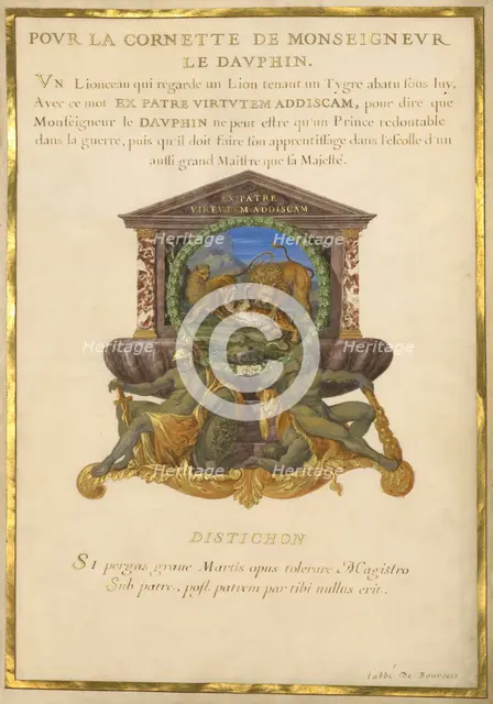 Escutcheon with a Lion Attacking a Cheetah; Nine Emblems for Louis XIV, about 1663-1668. Creator: Jacques Bailly.