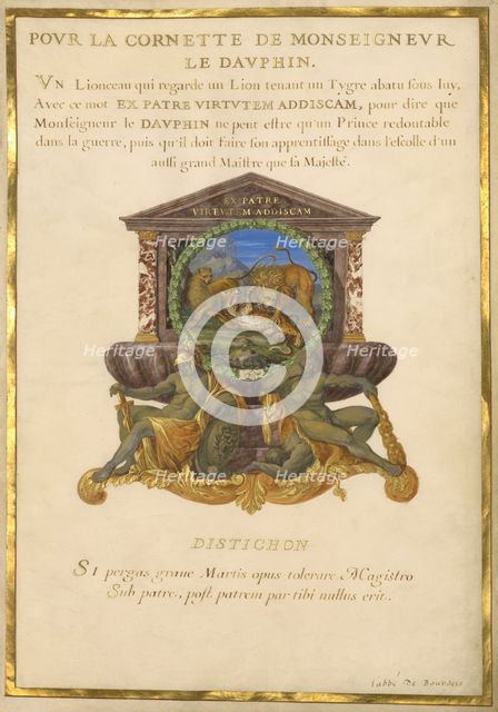 Escutcheon with a Lion Attacking a Cheetah; Nine Emblems for Louis XIV, about 1663-1668. Creator: Jacques Bailly.
