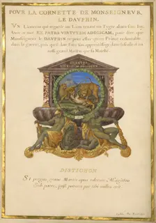 Escutcheon with a Lion Attacking a Cheetah; Nine Emblems for Louis XIV, about 1663-1668. Creator: Jacques Bailly