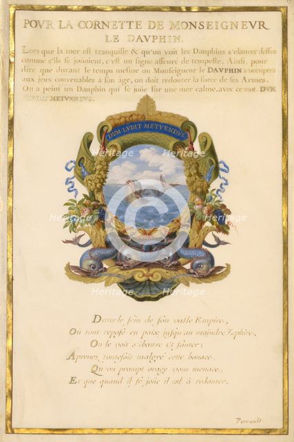 Escutcheon with a Sea Monster; Nine Emblems for Louis XIV, about 1663-1668. Creator: Jacques Bailly.