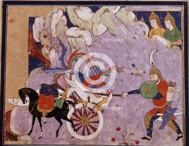Esfandiyar murders Simurgh (Manuscript illumination from the epic Shahname by Ferdowsi), 16th centur