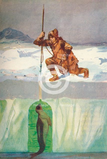 'Eskimo About To Spear A Seal Through Its Breathing-Hole', c1927,  (1928). Artist: Henry Evison.