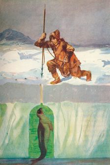 Eskimo About To Spear A Seal Through Its Breathing-Hole c1927, (1928). Artist: Henry Evison