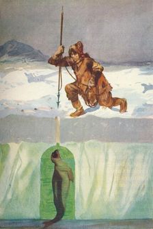 Eskimo About To Spear A Seal Through Its Breathing-Hole c1927, (1928). Artist: Henry Evison
