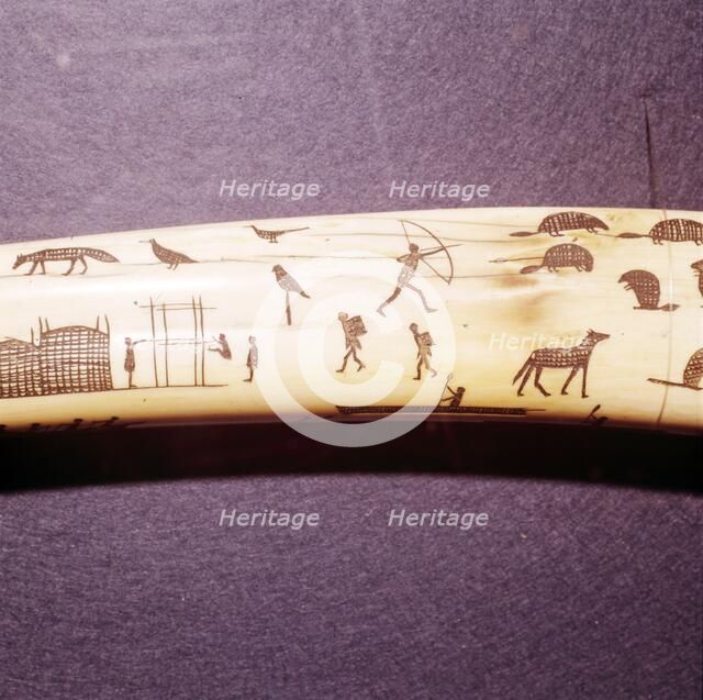Eskimo Scene Detail of engraved walrus tusk, Western Eskimo. 19th Century.  Artist: Unknown.