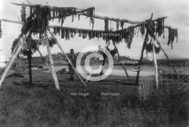 Eskimos in Alaska: Drying whale meat, Hooper Bay, c1929. Creator: Edward Sheriff Curtis.