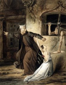 Esmeralda and Claude Frollo, 1831. Creator: Boulanger, Louis Candide (1806-1867)