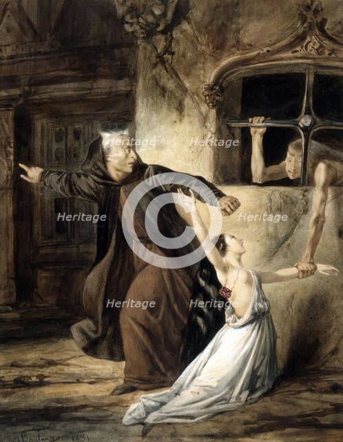 Esmeralda and Claude Frollo, 1831. Creator: Boulanger, Louis Candide (1806-1867).