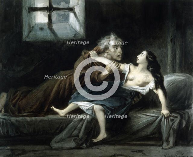Esmeralda and Claude Frollo, 1831. Creator: Boulanger, Louis Candide (1806-1867).