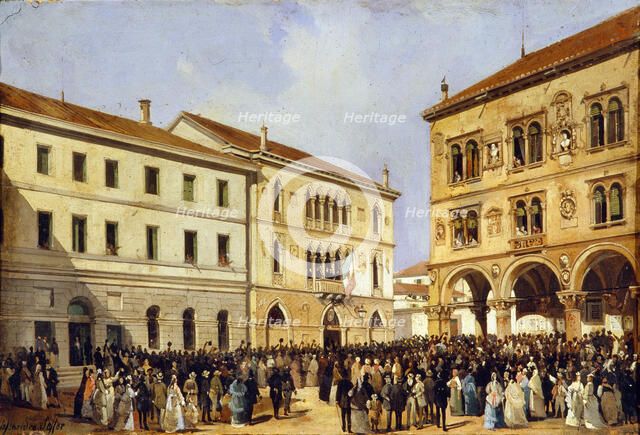 Esposizione del tricolore in Piazza Duomo , 1866.
