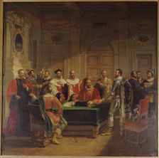 Esquisse pour l'ancien Hôtel de Ville de Paris : Brissac négociant auprès des échevins..., c.1827. Creator: Jean-Baptiste Messier