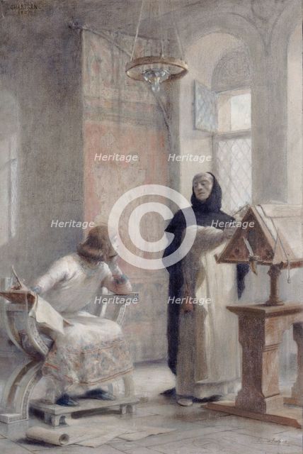 Esquisse pour l'escalier de la Sorbonne : Louis IX à l'abbaye de Royaumont, 1888. Creator: Theobald Chartran.