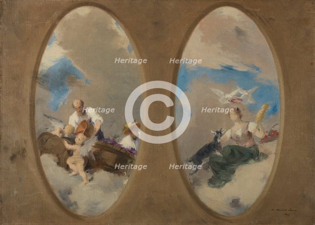 Esquisse pour la mairie de Suresnes : Allégorie du vin - Chevrière aux colombes (plafonds), 1897. Creator: Edouard Michel Lancon.