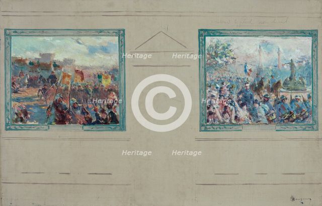 Esquisse pour la mairie du 12ème arrondissement de Paris : Revue militaire. Défilé place..., c.1910. Creator: Claude Charles Bourgonnier.