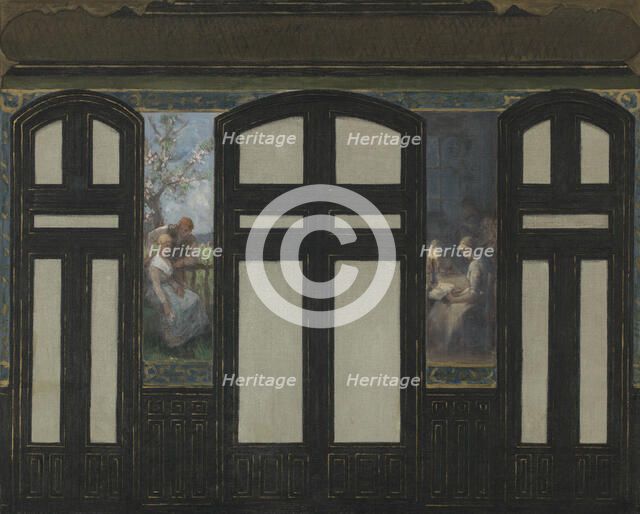 Esquisse pour la mairie du 15e arrondissement : Les fiançailles - La veillée, 1884. Creators: Jacques Ferdinand Humbert, Pierre Lagarde.